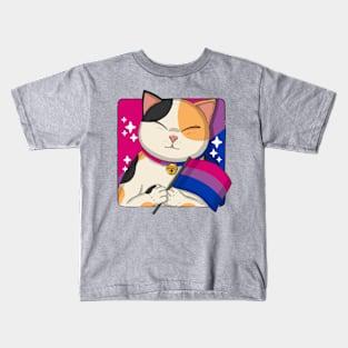 Cute Calico Cat Holding Bisexual Pride Flag Kids T-Shirt